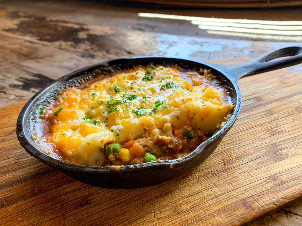 shepherds pie on wooden table 