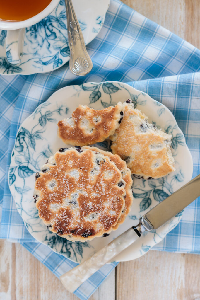 welsh cakes on blue chequered background 
